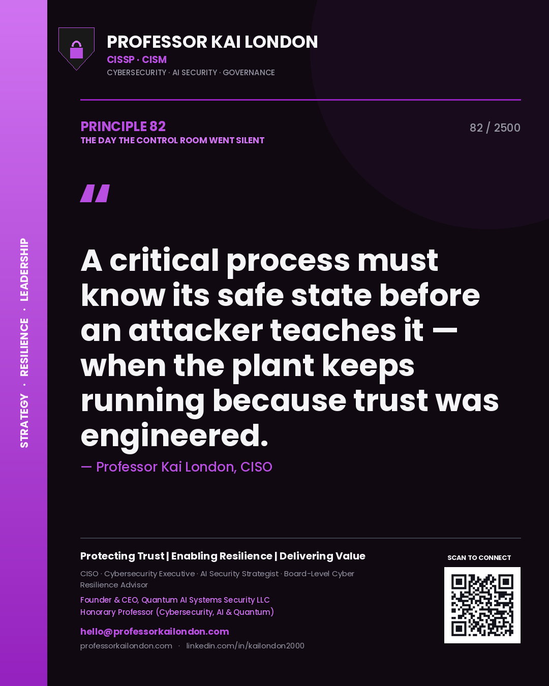 Quote card by Professor Kai London reading 'A critical process must know its safe state before an attacker teaches it — when the plant keeps running because trust was engineered.'. From the book The Day the Control Room Went Silent.
