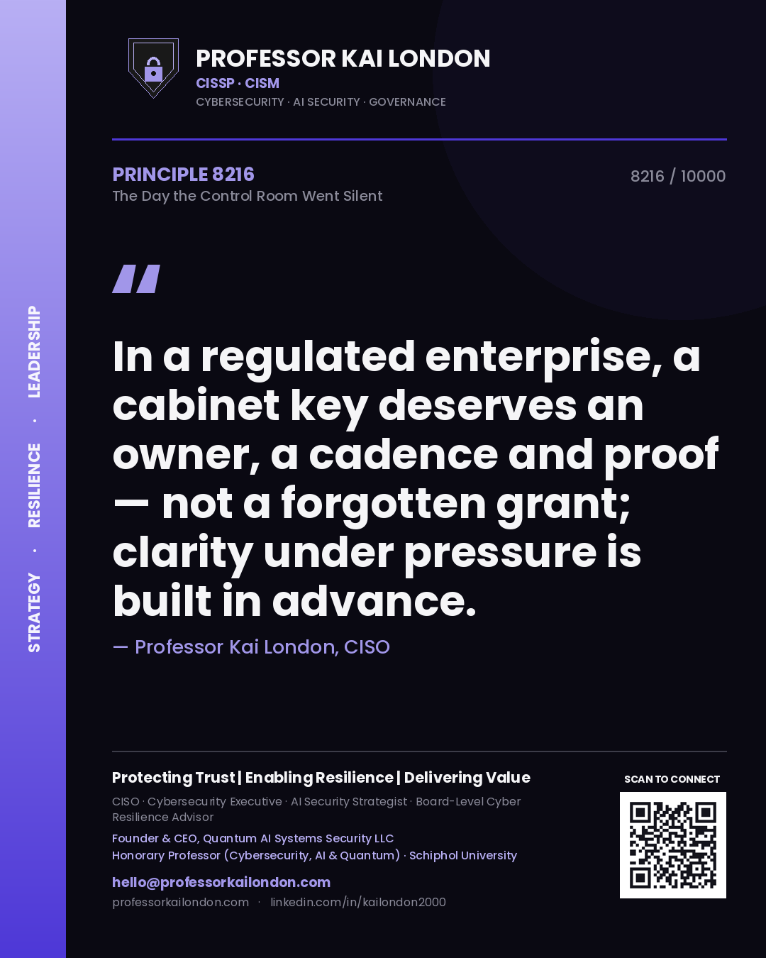 Professor Kai London principle 8216: In a regulated enterprise, a cabinet key deserves an owner, a cadence and proof — not a forgotten grant; clarity under pressure is built in advance.