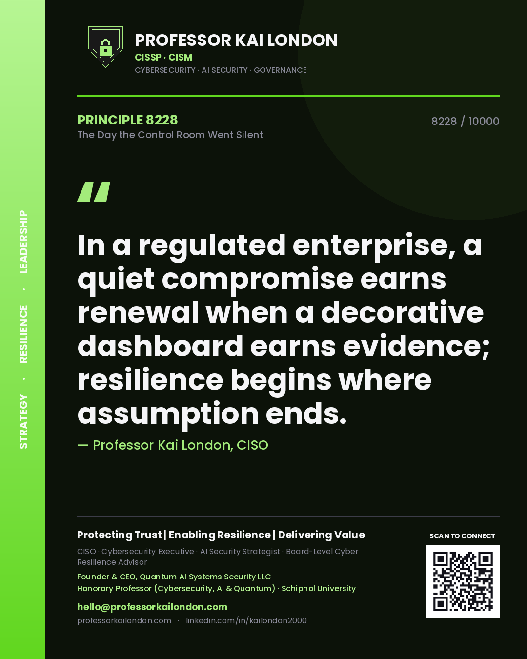 Professor Kai London principle 8228: In a regulated enterprise, a quiet compromise earns renewal when a decorative dashboard earns evidence; resilience begins where assumption ends.