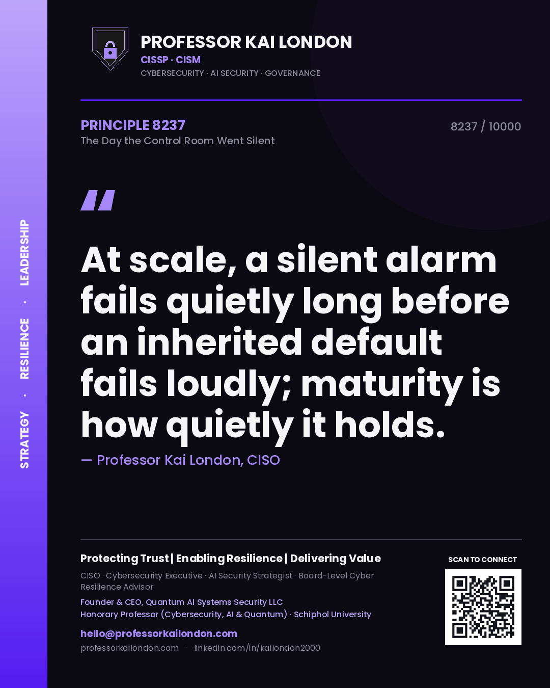 Professor Kai London principle 8237: At scale, a silent alarm fails quietly long before an inherited default fails loudly; maturity is how quietly it holds.