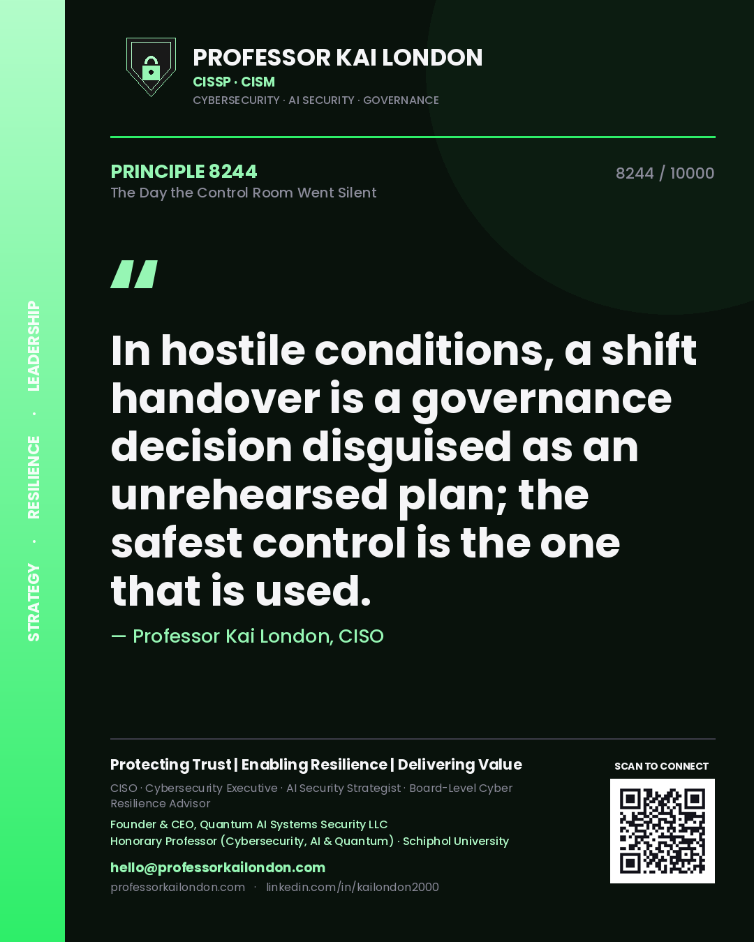 Quote card by Professor Kai London reading 'In hostile conditions, a shift handover is a governance decision disguised as an unrehearsed plan; the safest control is the one that is used.'. From the book The Day the Control Room Went Silent.