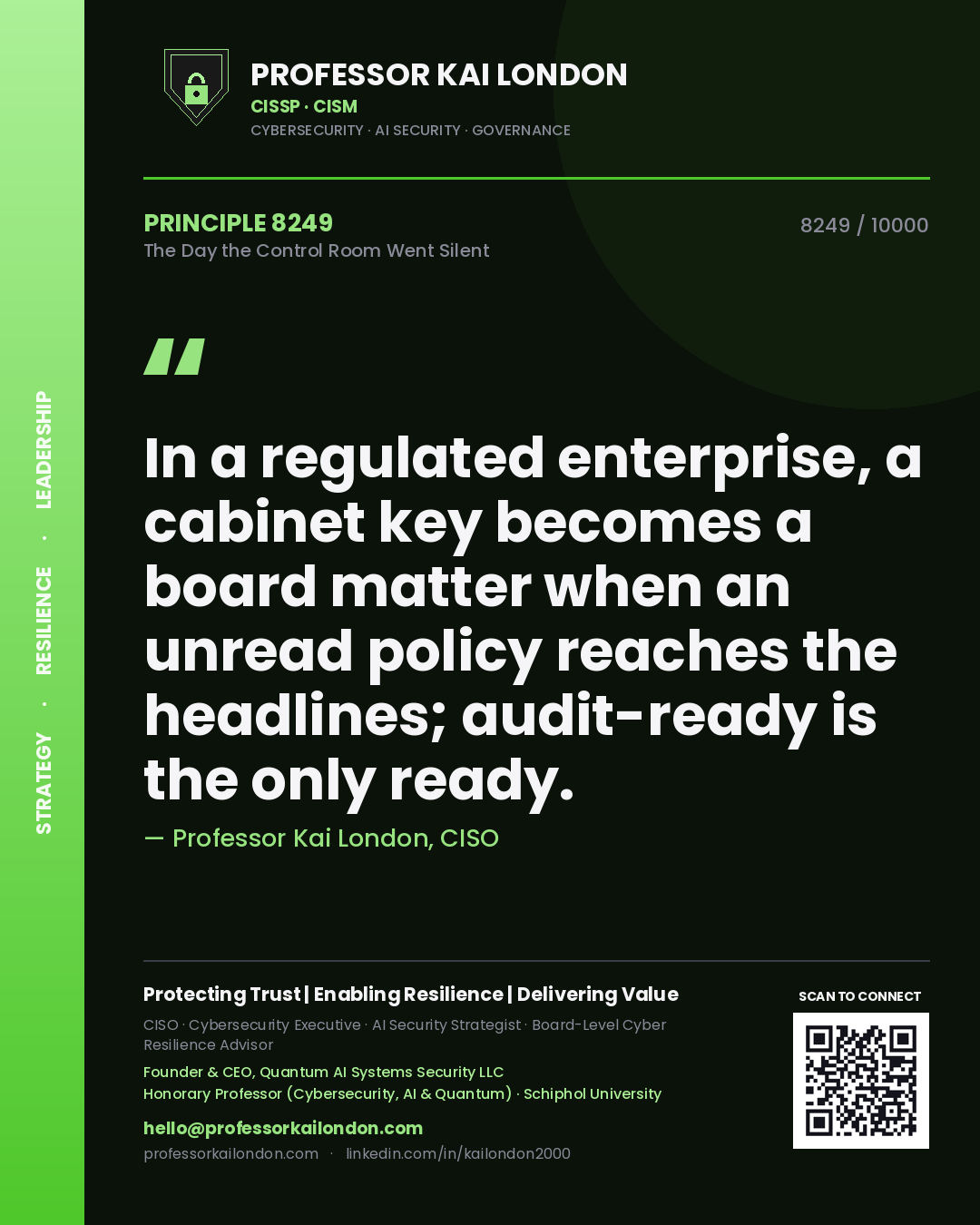 Professor Kai London principle 8249: In a regulated enterprise, a cabinet key becomes a board matter when an unread policy reaches the headlines; audit-ready is the only ready.