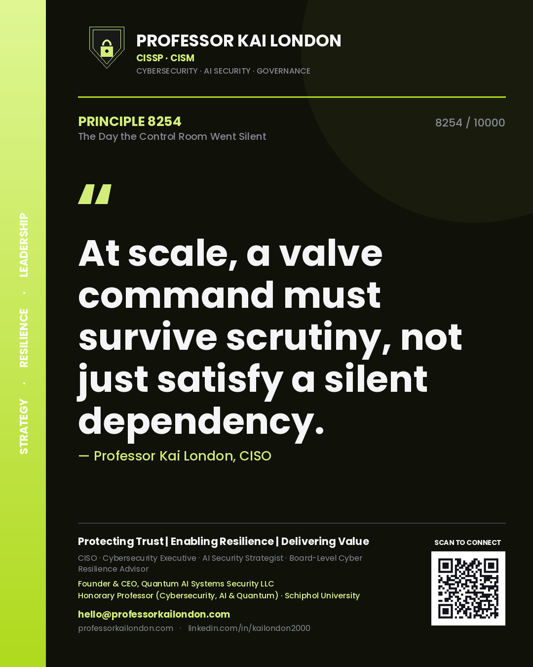 Professor Kai London principle 8254: At scale, a valve command must survive scrutiny, not just satisfy a silent dependency.
