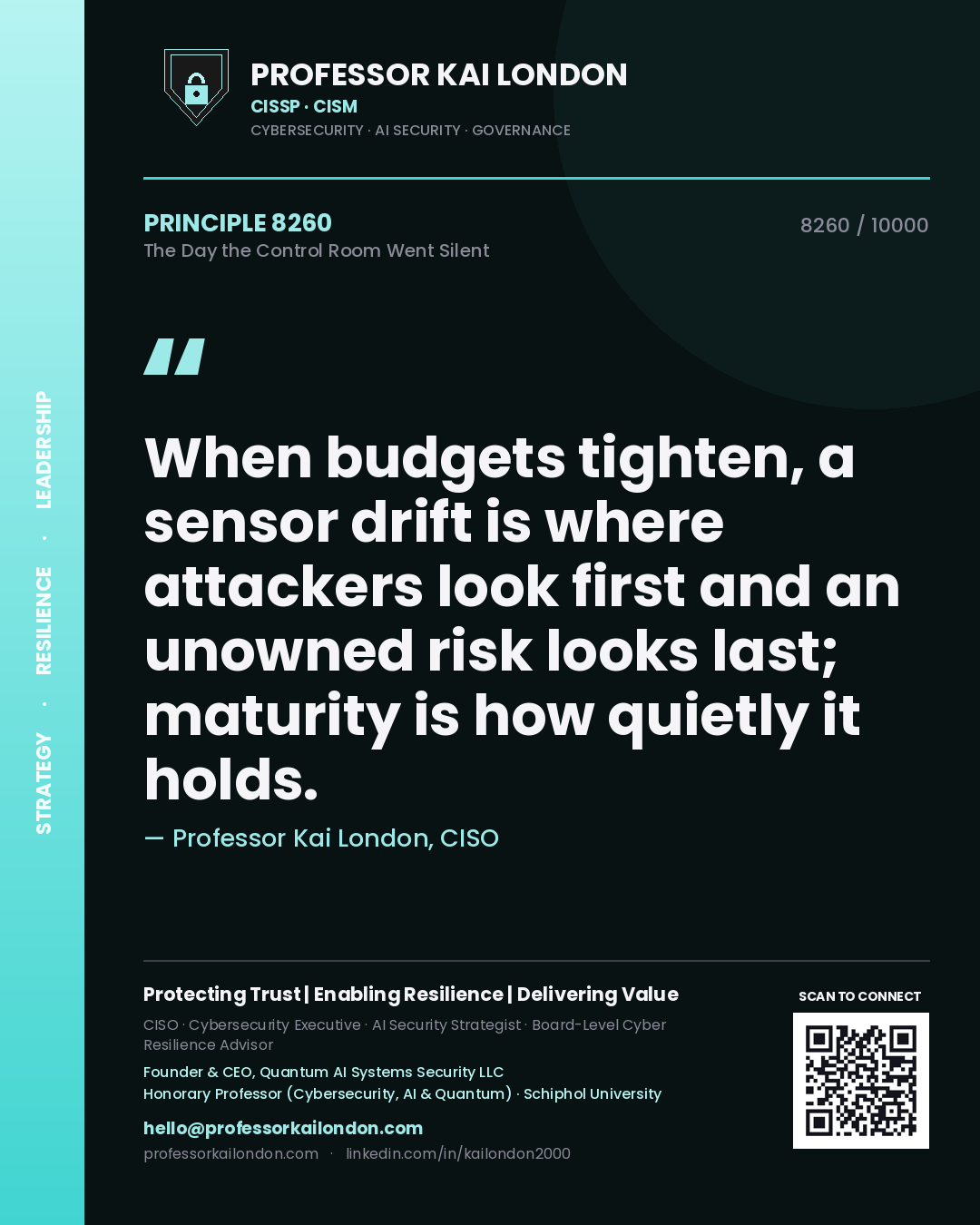 Quote card by Professor Kai London reading 'When budgets tighten, a sensor drift is where attackers look first and an unowned risk looks last; maturity is how quietly it holds.'. From the book The Day the Control Room Went Silent.