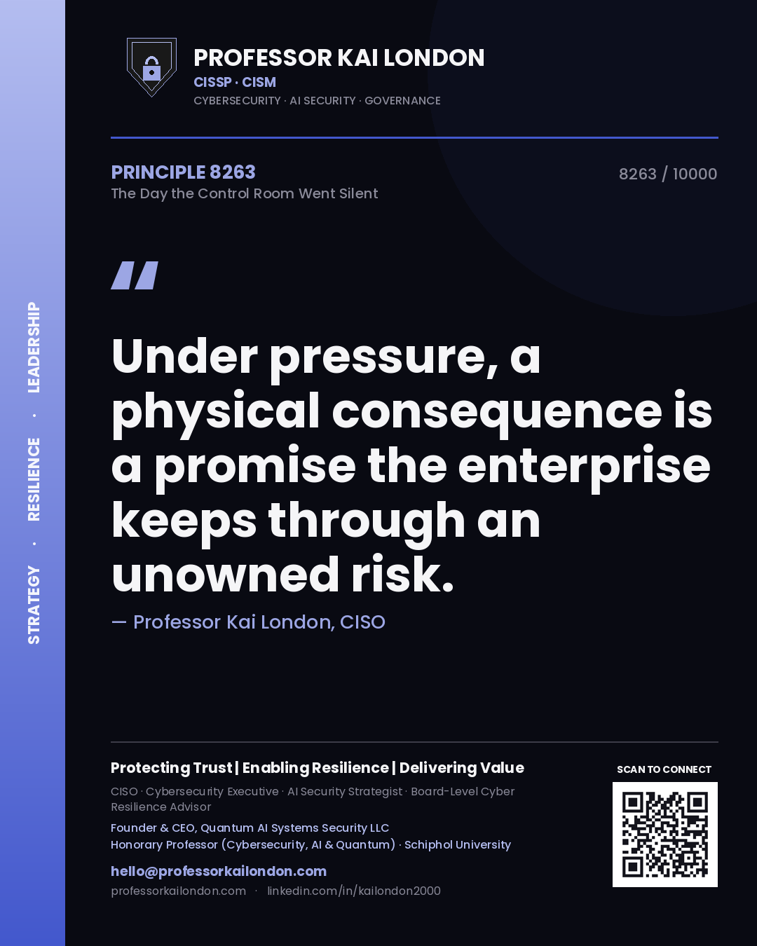 Quote card by Professor Kai London reading 'Under pressure, a physical consequence is a promise the enterprise keeps through an unowned risk.'. From the book The Day the Control Room Went Silent.