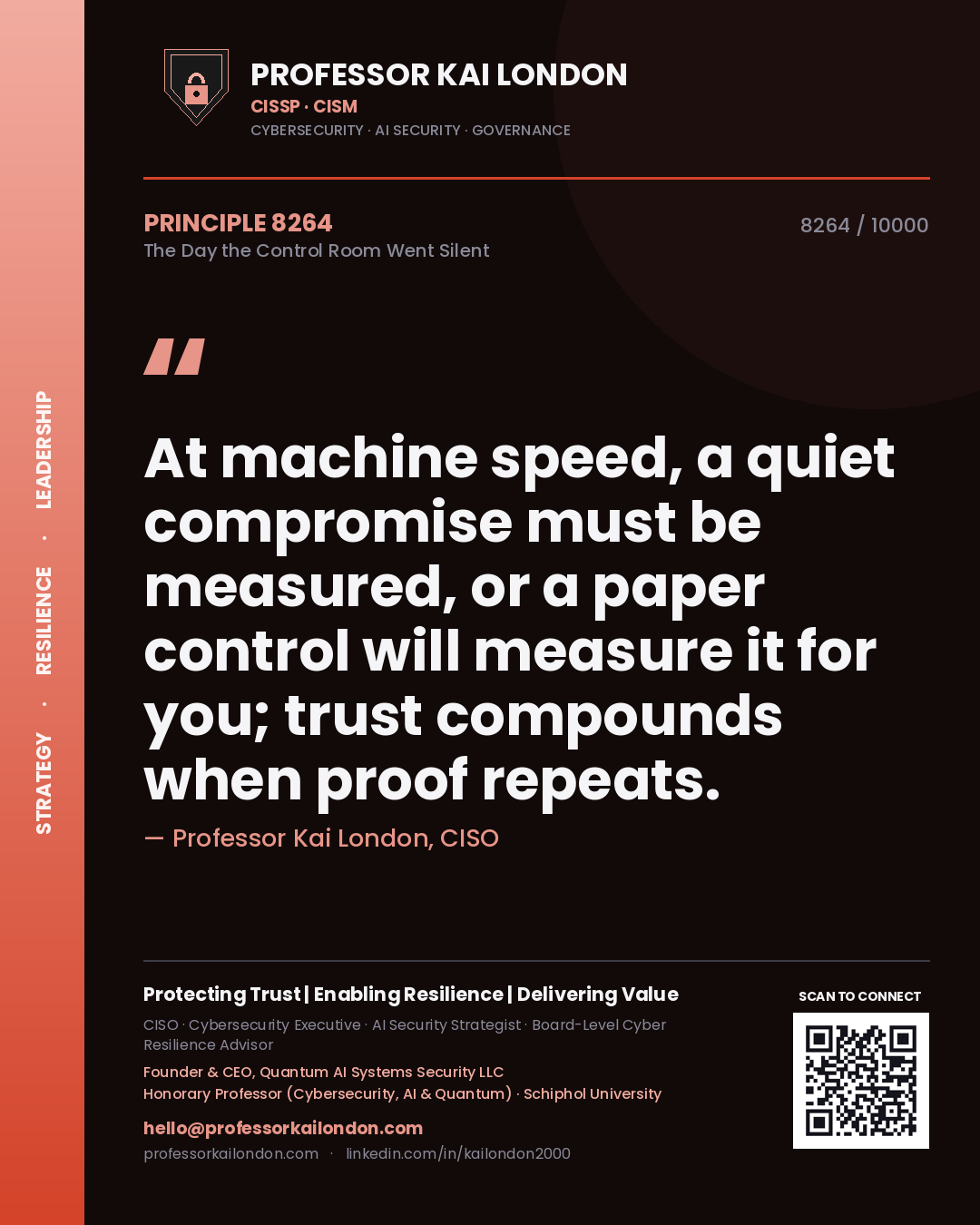 Quote card by Professor Kai London reading 'At machine speed, a quiet compromise must be measured, or a paper control will measure it for you; trust compounds when proof repeats.'. From the book The Day the Control Room Went Silent.
