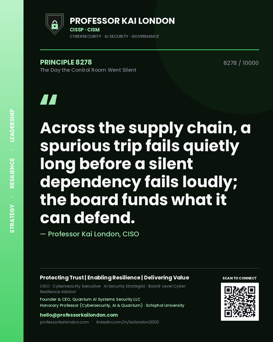 Quote card by Professor Kai London reading 'Across the supply chain, a spurious trip fails quietly long before a silent dependency fails loudly; the board funds what it can defend.'. From the book The Day the Control Room Went Silent.