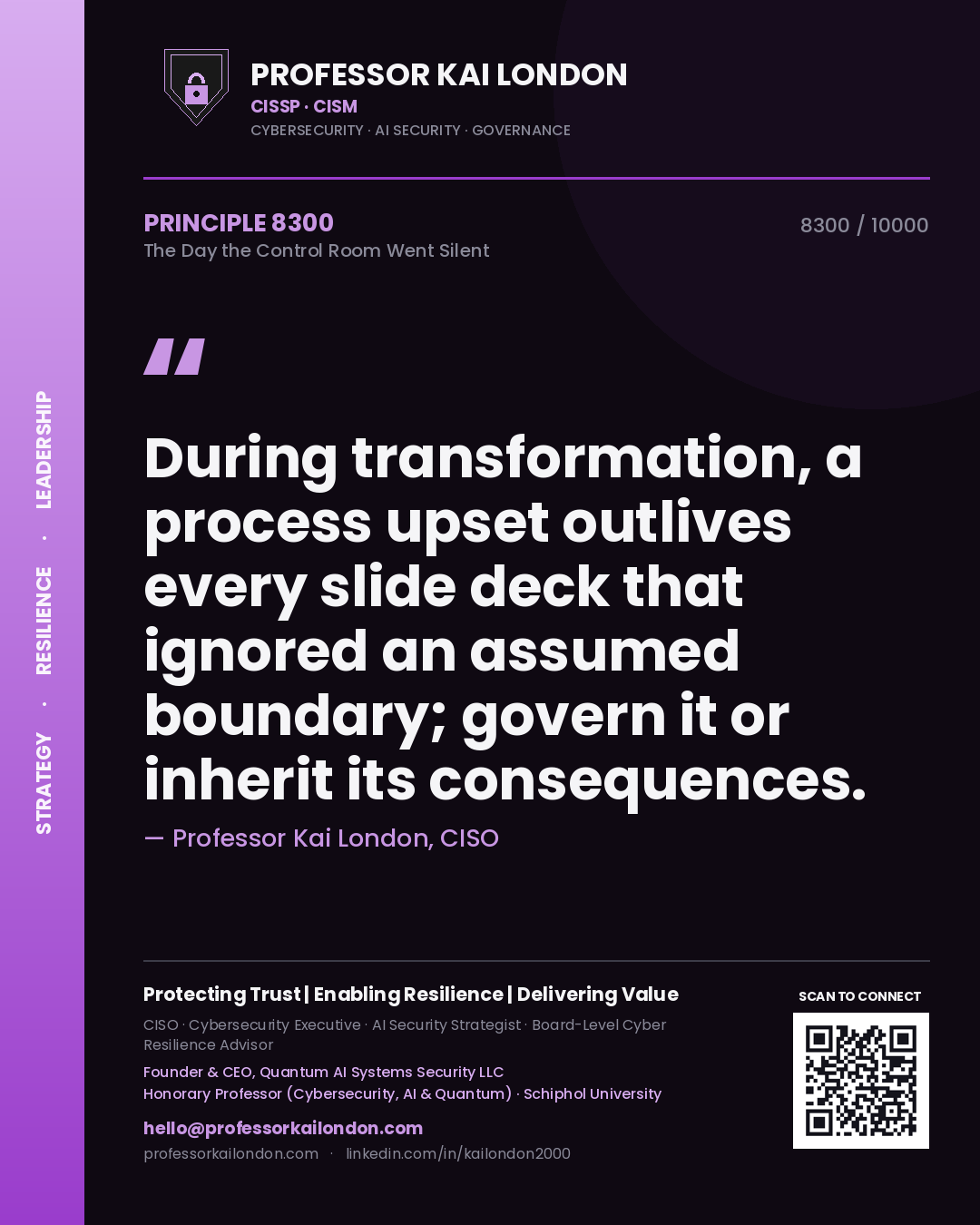Professor Kai London principle 8300: During transformation, a process upset outlives every slide deck that ignored an assumed boundary; govern it or inherit its consequences.