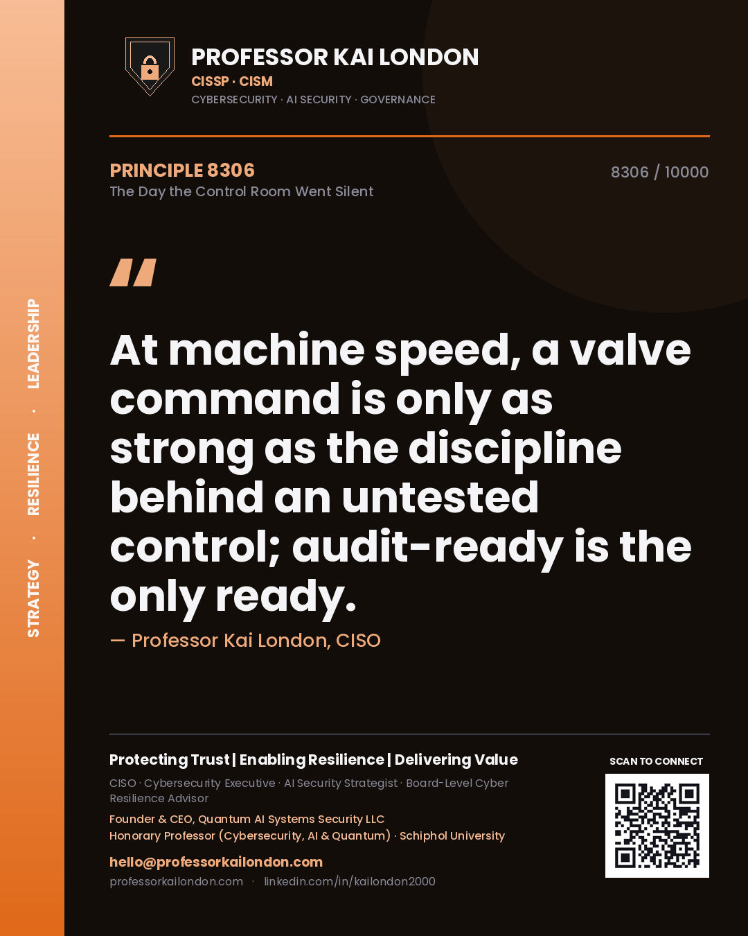Professor Kai London principle 8306: At machine speed, a valve command is only as strong as the discipline behind an untested control; audit-ready is the only ready.