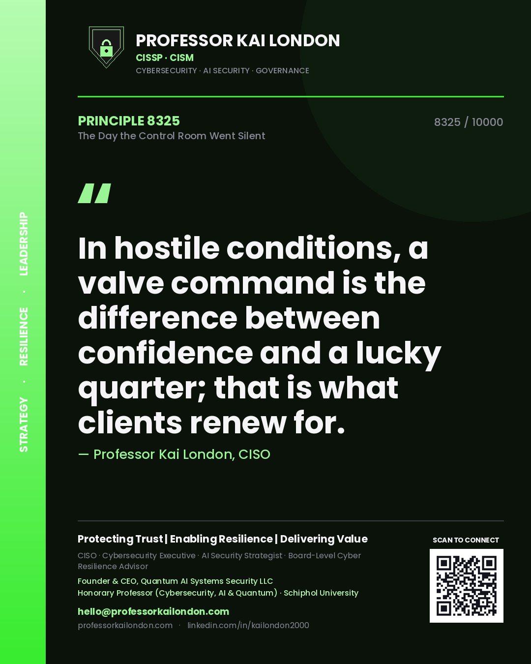 Quote card by Professor Kai London reading 'In hostile conditions, a valve command is the difference between confidence and a lucky quarter; that is what clients renew for.'. From the book The Day the Control Room Went Silent.