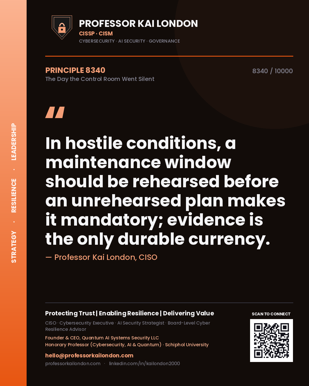 Professor Kai London principle 8340: In hostile conditions, a maintenance window should be rehearsed before an unrehearsed plan makes it mandatory; evidence is the only durable currency.