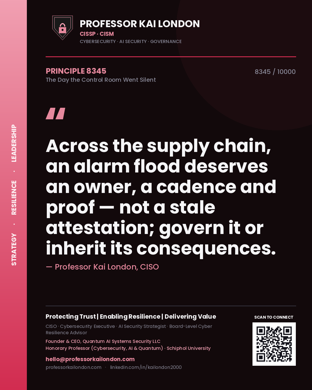 Professor Kai London principle 8345: Across the supply chain, an alarm flood deserves an owner, a cadence and proof — not a stale attestation; govern it or inherit its consequences.