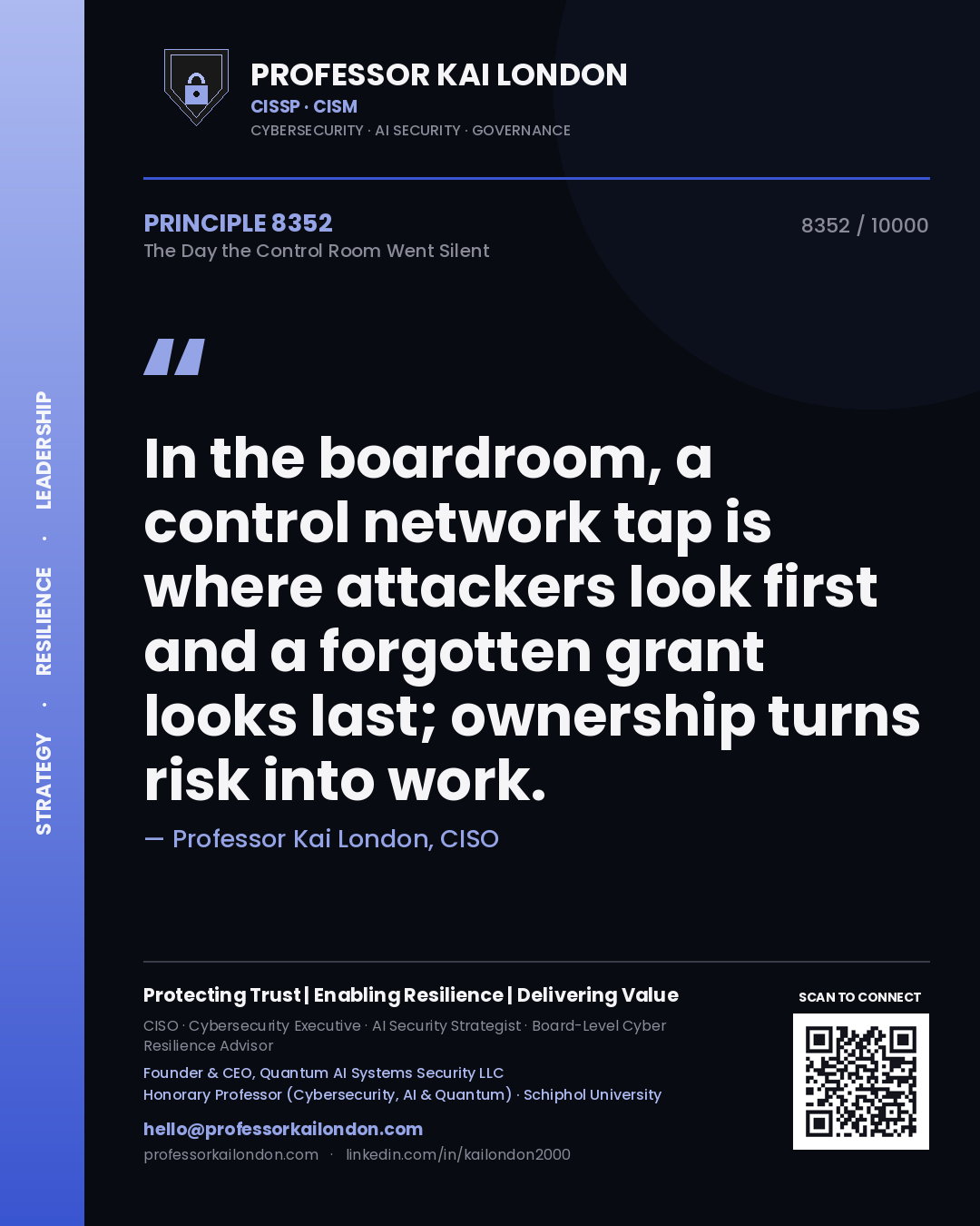 Quote card by Professor Kai London reading 'In the boardroom, a control network tap is where attackers look first and a forgotten grant looks last; ownership turns risk into work.'. From the book The Day the Control Room Went Silent.