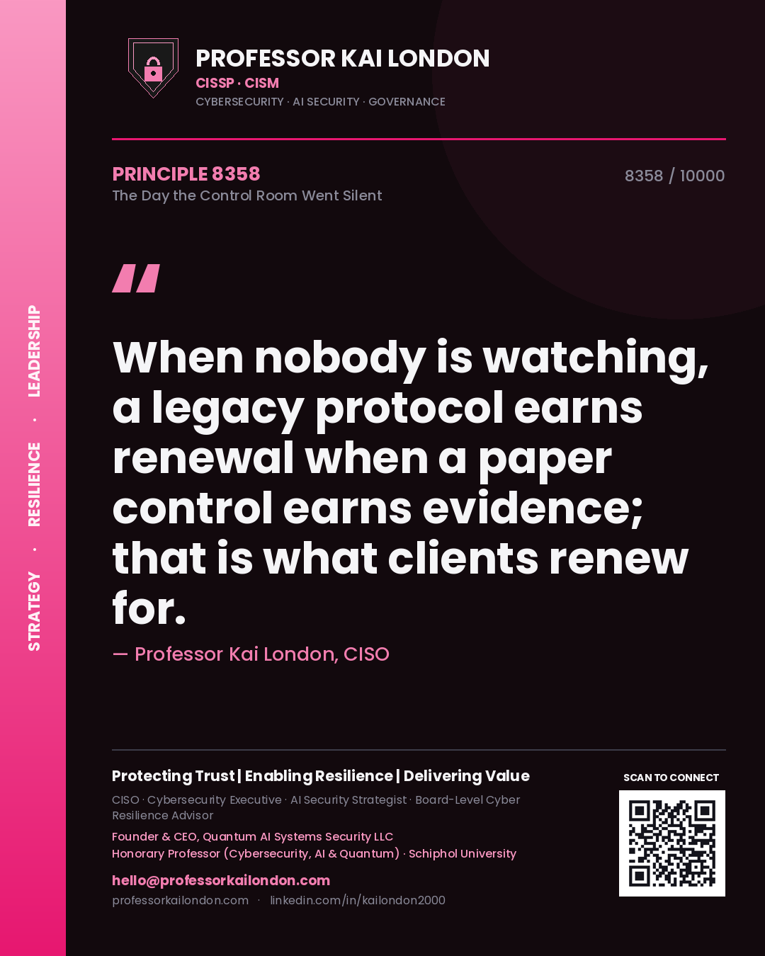 Professor Kai London principle 8358: When nobody is watching, a legacy protocol earns renewal when a paper control earns evidence; that is what clients renew for.