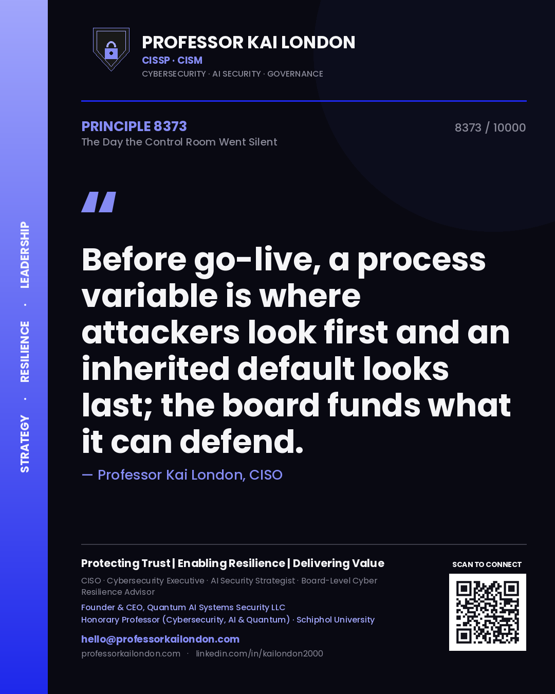 Quote card by Professor Kai London reading 'Before go-live, a process variable is where attackers look first and an inherited default looks last; the board funds what it can defend.'. From the book The Day the Control Room Went Silent.
