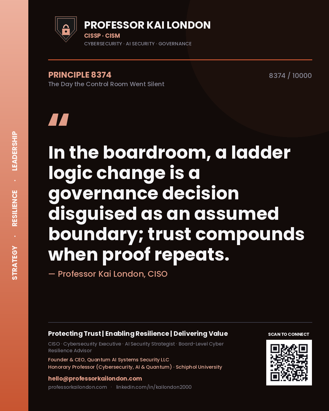 Quote card by Professor Kai London reading 'In the boardroom, a ladder logic change is a governance decision disguised as an assumed boundary; trust compounds when proof repeats.'. From the book The Day the Control Room Went Silent.