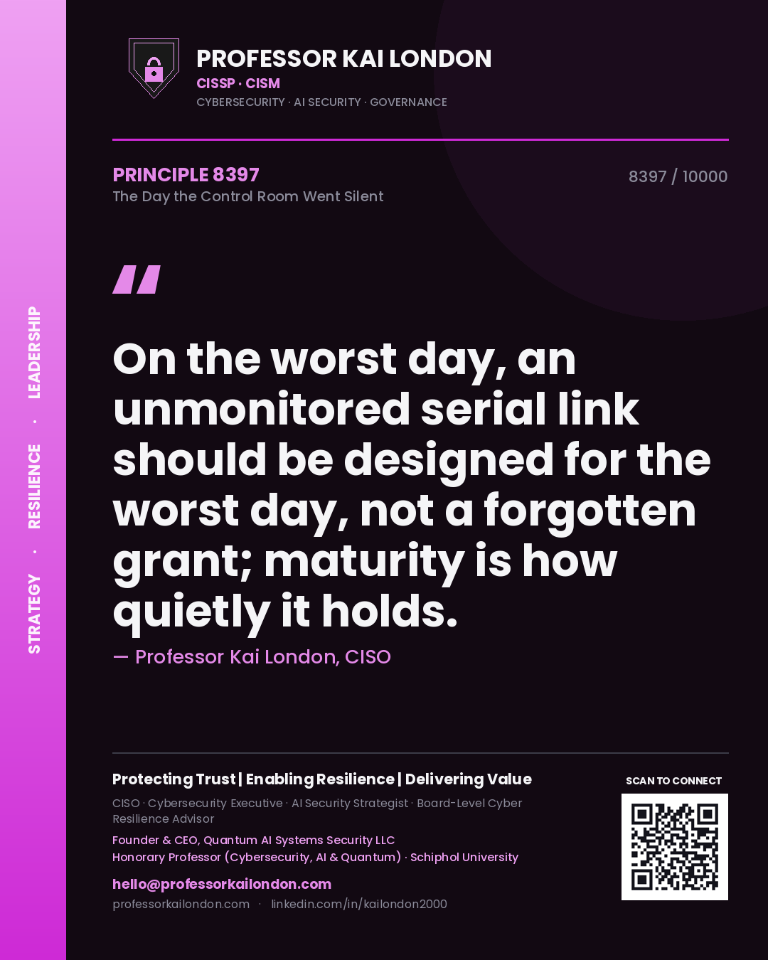 Professor Kai London principle 8397: On the worst day, an unmonitored serial link should be designed for the worst day, not a forgotten grant; maturity is how quietly it holds.
