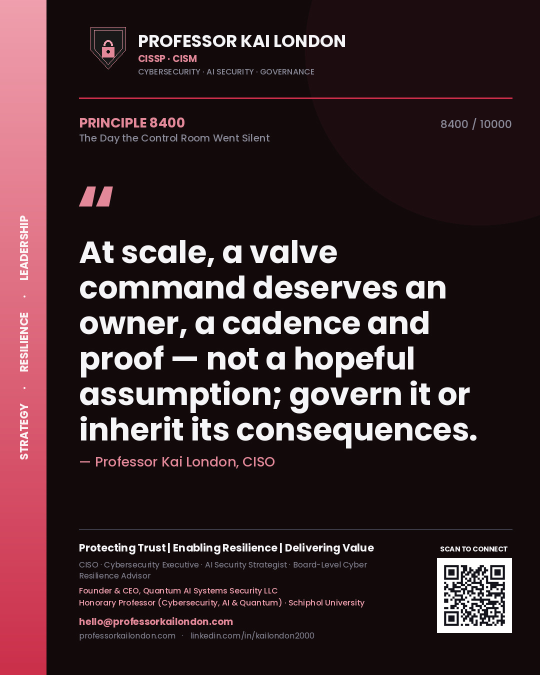 Professor Kai London principle 8400: At scale, a valve command deserves an owner, a cadence and proof — not a hopeful assumption; govern it or inherit its consequences.