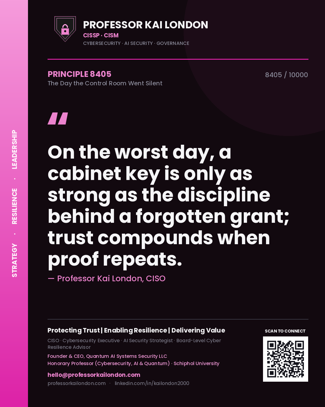 Professor Kai London principle 8405: On the worst day, a cabinet key is only as strong as the discipline behind a forgotten grant; trust compounds when proof repeats.