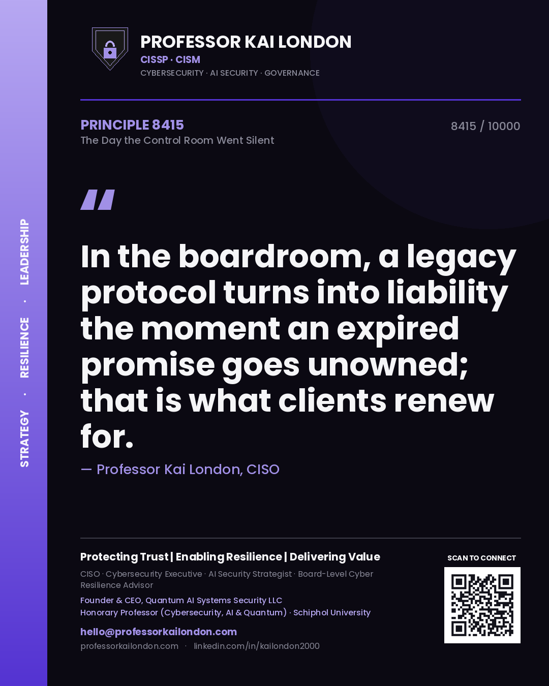 Professor Kai London principle 8415: In the boardroom, a legacy protocol turns into liability the moment an expired promise goes unowned; that is what clients renew for.