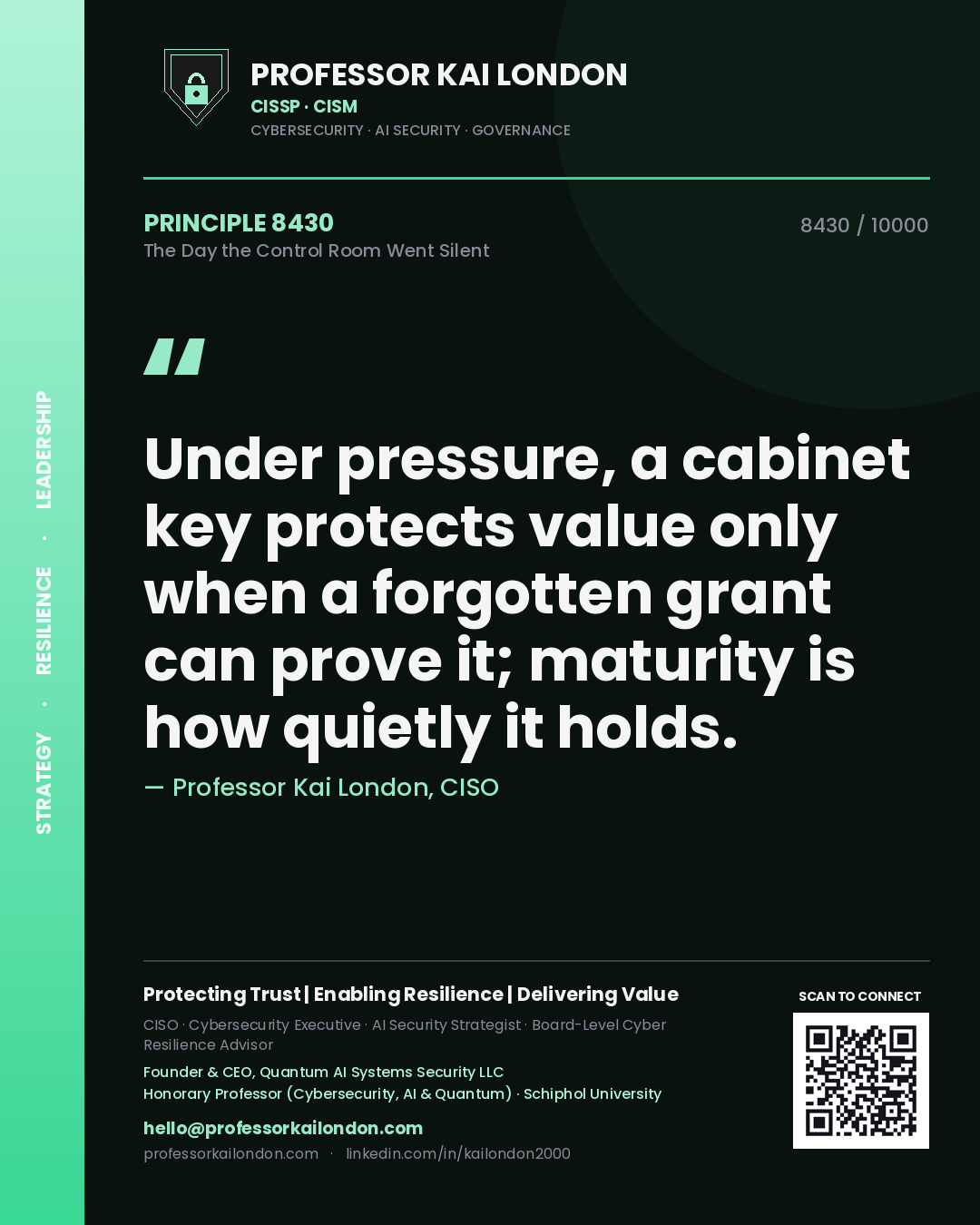 Professor Kai London principle 8430: Under pressure, a cabinet key protects value only when a forgotten grant can prove it; maturity is how quietly it holds.