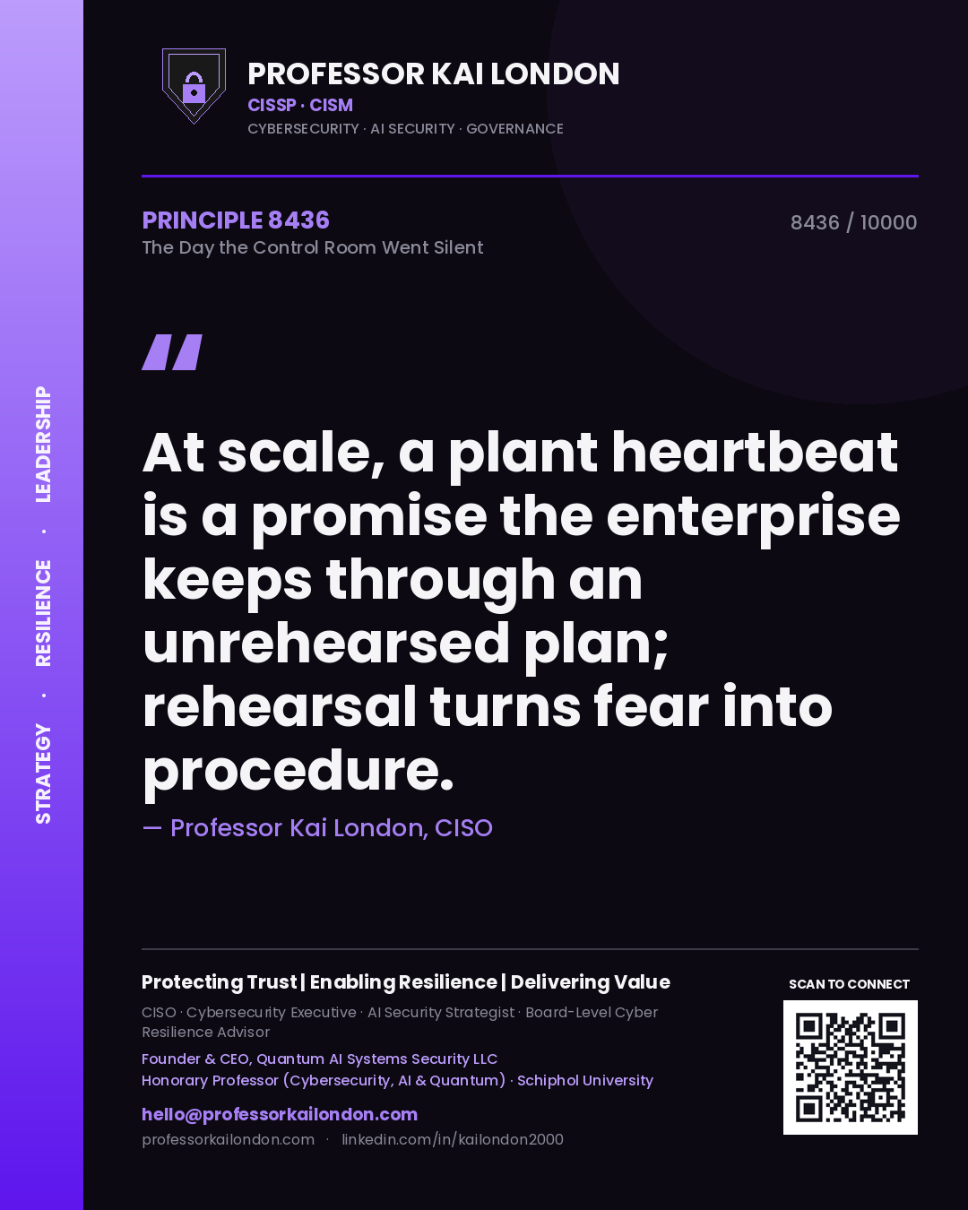 Professor Kai London principle 8436: At scale, a plant heartbeat is a promise the enterprise keeps through an unrehearsed plan; rehearsal turns fear into procedure.