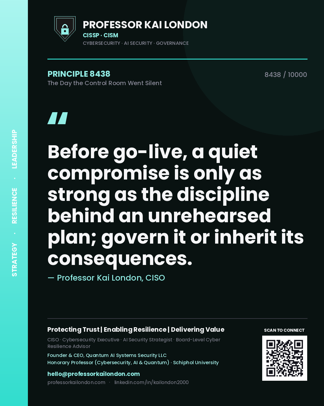 Quote card by Professor Kai London reading 'Before go-live, a quiet compromise is only as strong as the discipline behind an unrehearsed plan; govern it or inherit its consequences.'. From the book The Day the Control Room Went Silent.