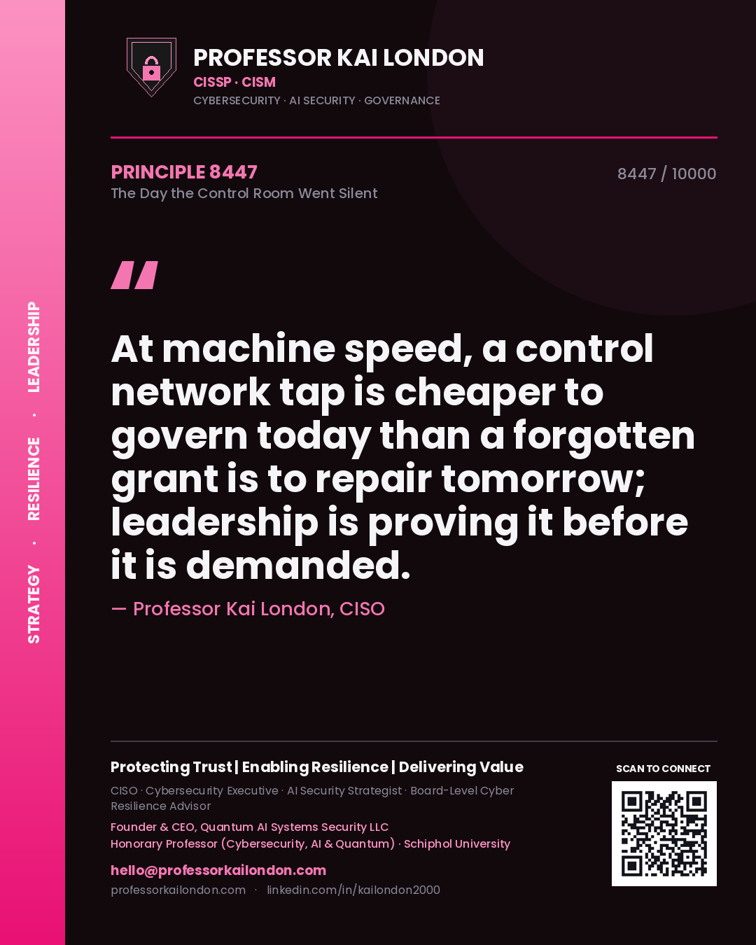 Quote card by Professor Kai London reading 'At machine speed, a control network tap is cheaper to govern today than a forgotten grant is to repair tomorrow; leadership is proving it before it is demanded.'. From the book The Day the Control Room Went Silent.