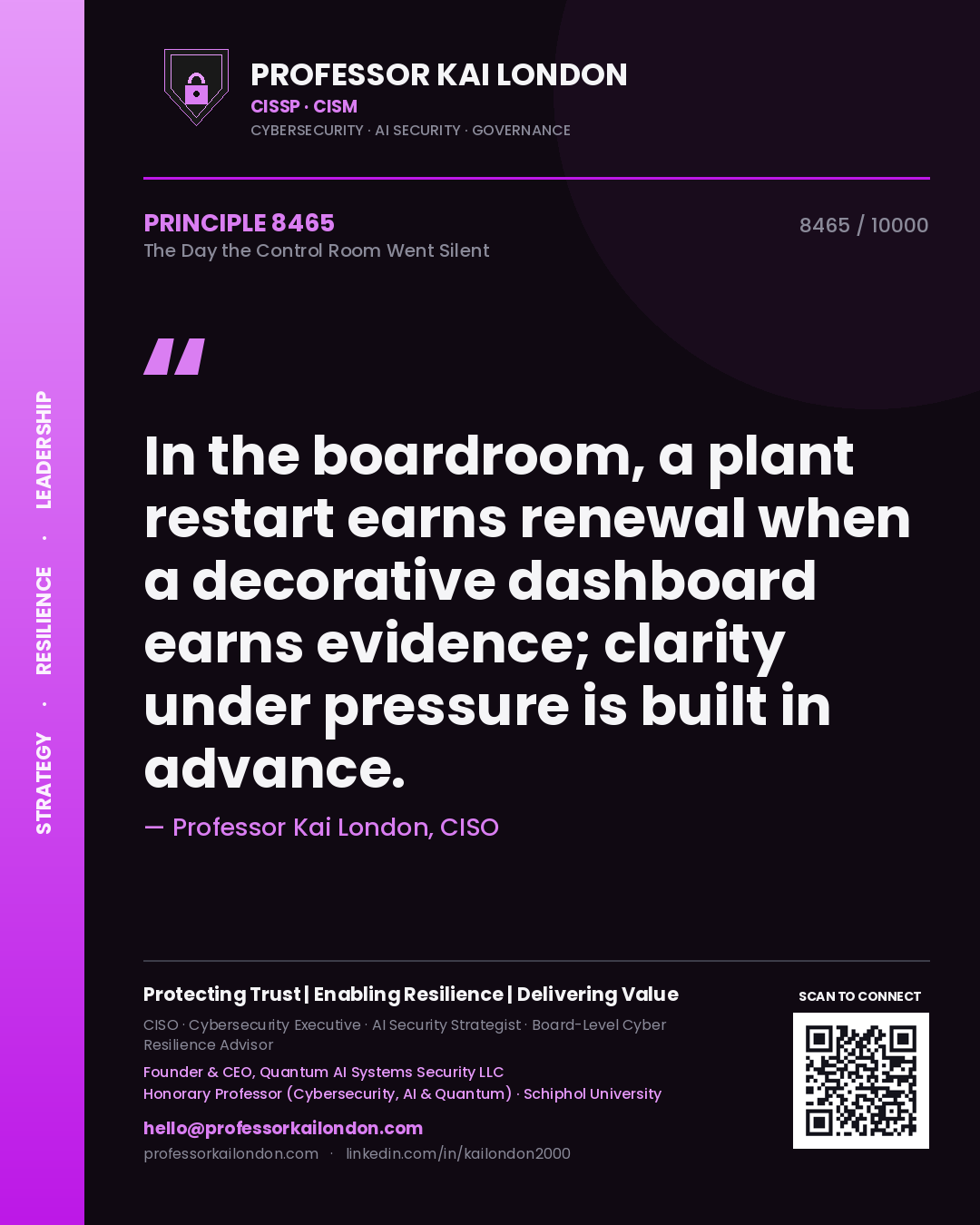 Quote card by Professor Kai London reading 'In the boardroom, a plant restart earns renewal when a decorative dashboard earns evidence; clarity under pressure is built in advance.'. From the book The Day the Control Room Went Silent.
