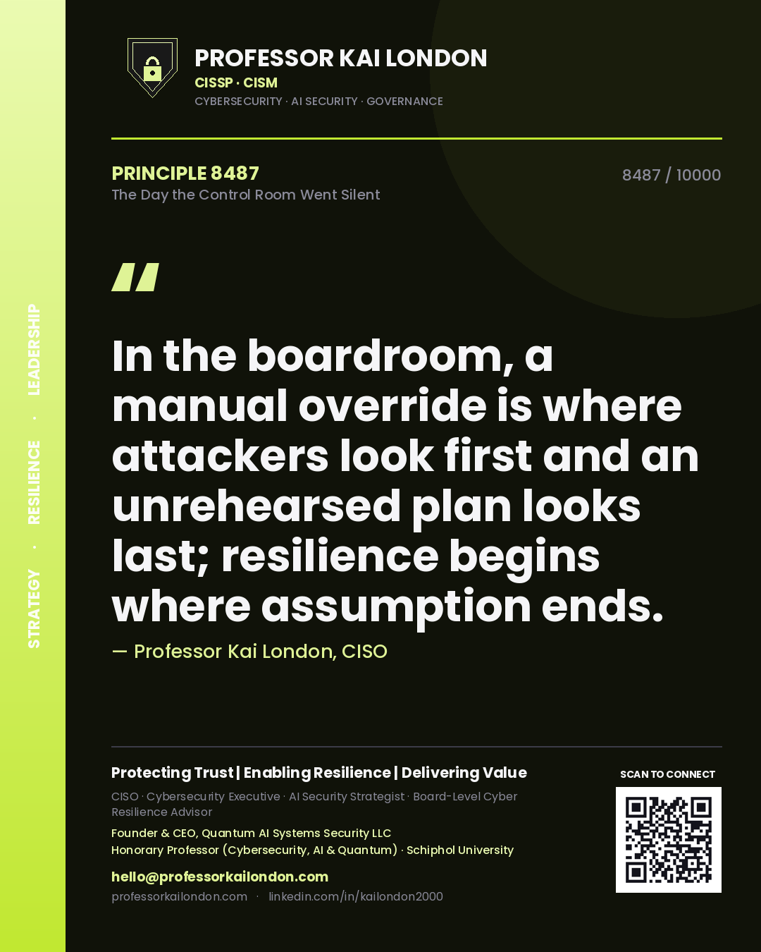 Professor Kai London principle 8487: In the boardroom, a manual override is where attackers look first and an unrehearsed plan looks last; resilience begins where assumption ends.