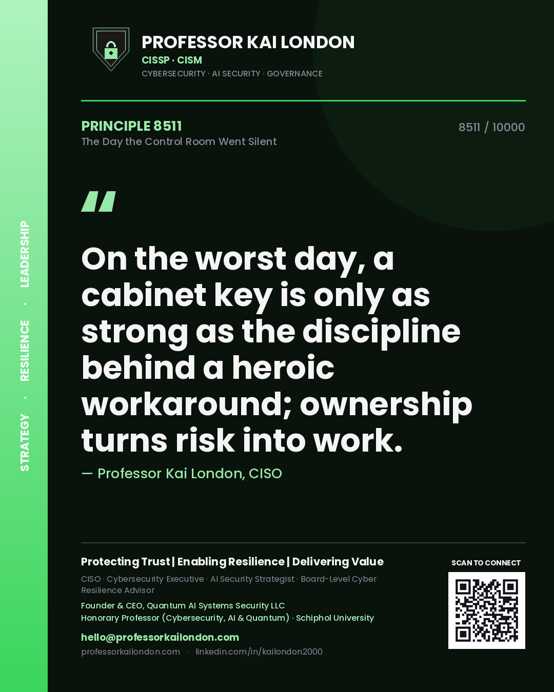 Quote card by Professor Kai London reading 'On the worst day, a cabinet key is only as strong as the discipline behind a heroic workaround; ownership turns risk into work.'. From the book The Day the Control Room Went Silent.