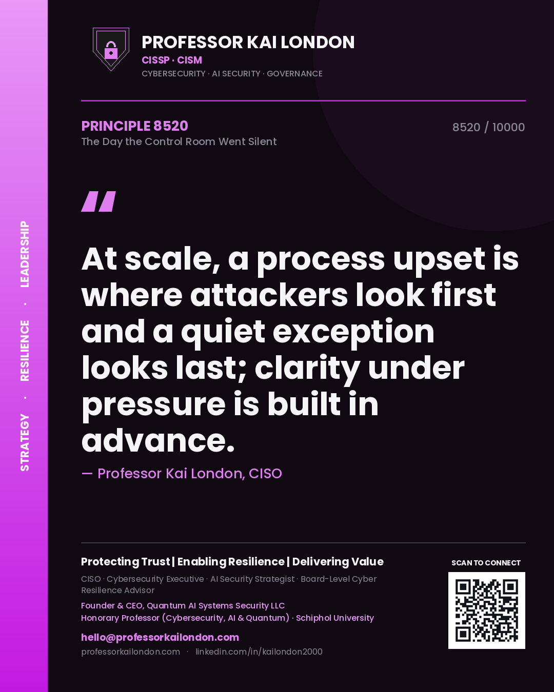 Professor Kai London principle 8520: At scale, a process upset is where attackers look first and a quiet exception looks last; clarity under pressure is built in advance.