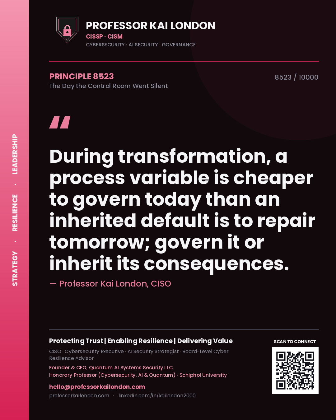 Quote card by Professor Kai London reading 'During transformation, a process variable is cheaper to govern today than an inherited default is to repair tomorrow; govern it or inherit its consequences.'. From the book The Day the Control Room Went Silent.