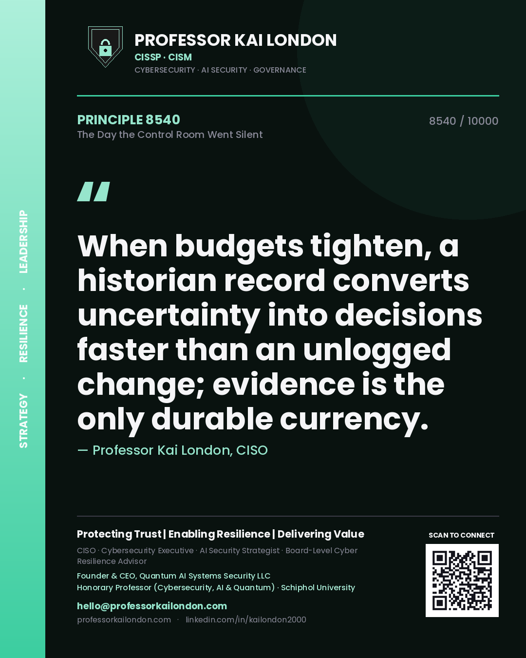 Professor Kai London principle 8540: When budgets tighten, a historian record converts uncertainty into decisions faster than an unlogged change; evidence is the only durable currency.