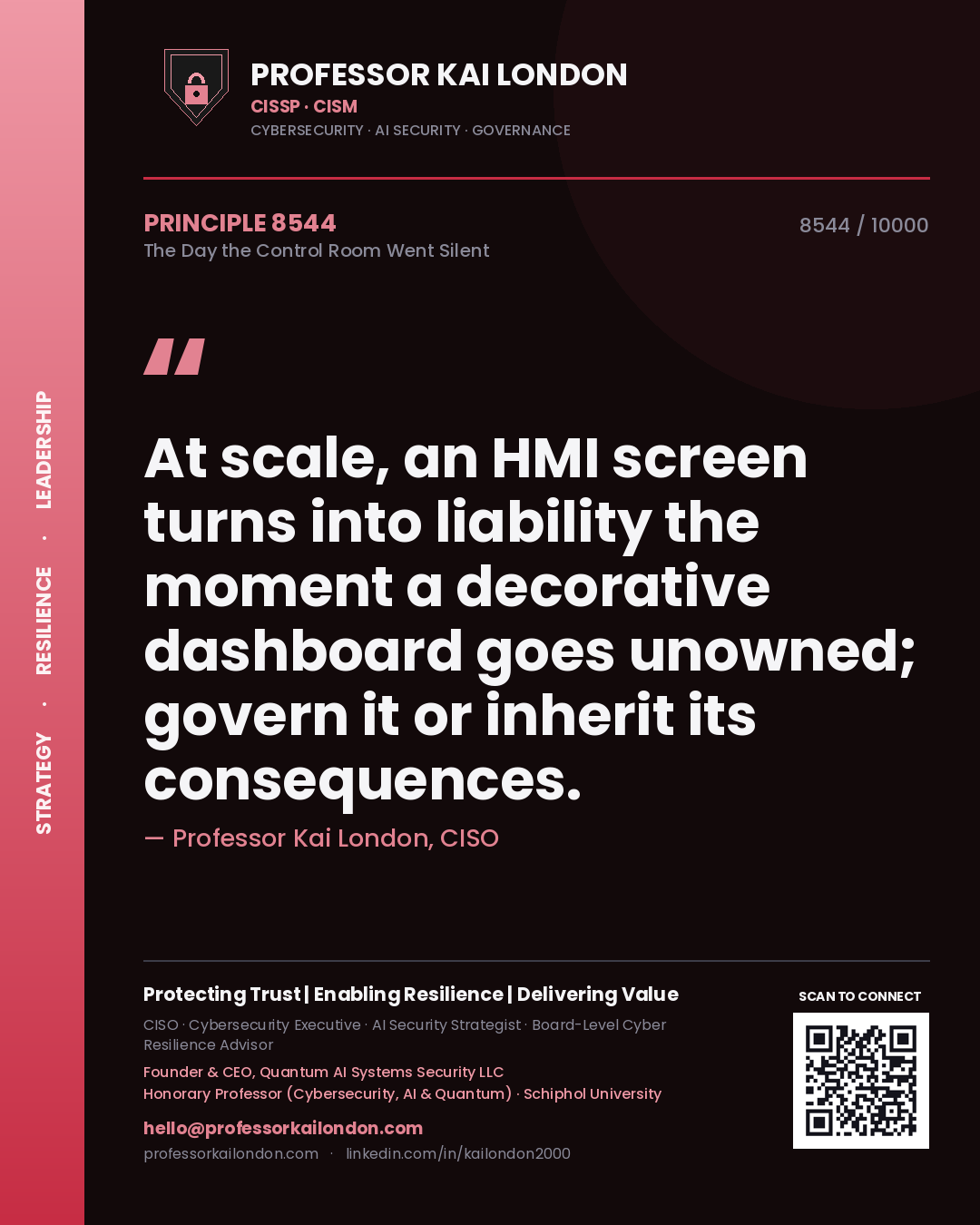 Quote card by Professor Kai London reading 'At scale, an HMI screen turns into liability the moment a decorative dashboard goes unowned; govern it or inherit its consequences.'. From the book The Day the Control Room Went Silent.