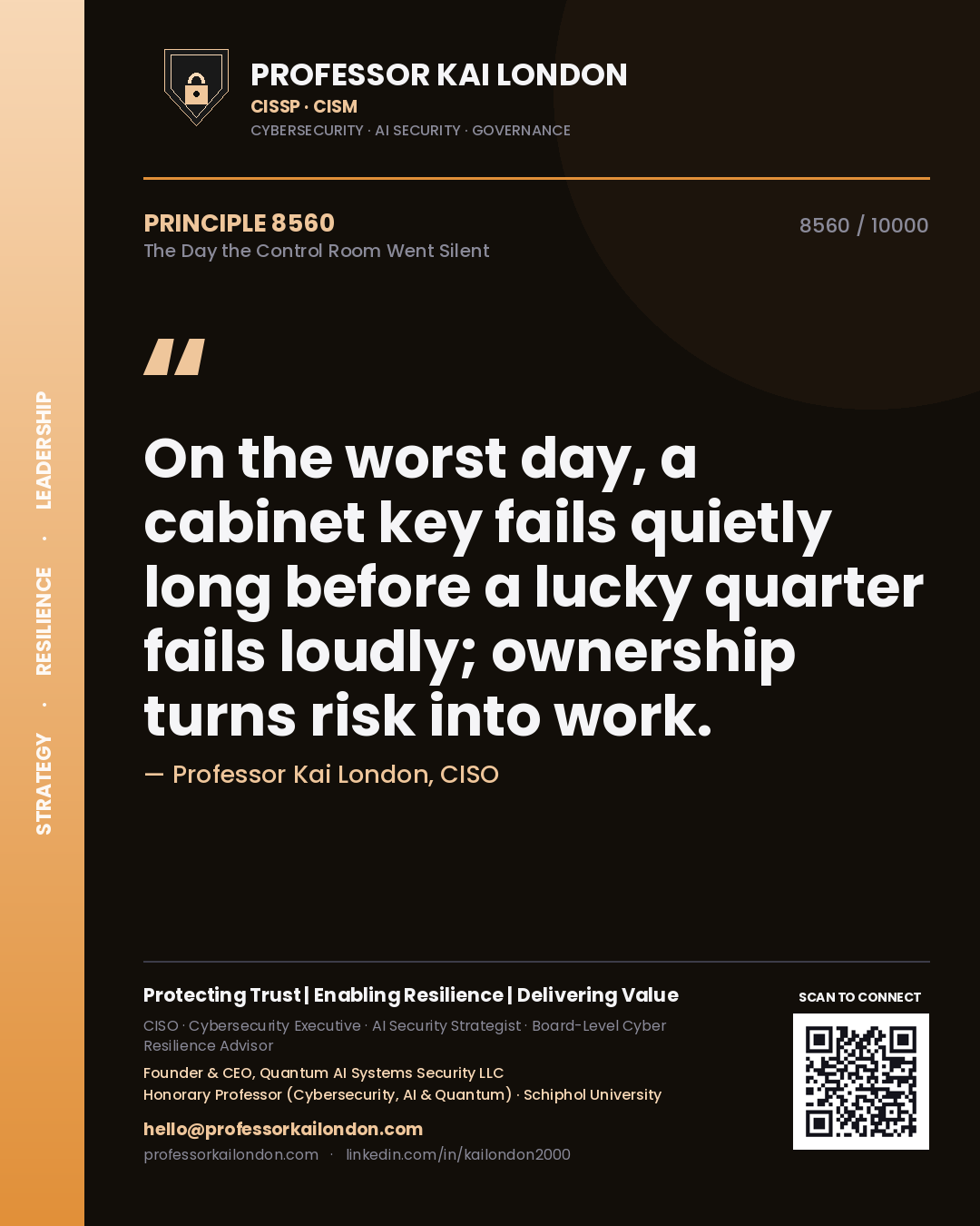 Professor Kai London principle 8560: On the worst day, a cabinet key fails quietly long before a lucky quarter fails loudly; ownership turns risk into work.