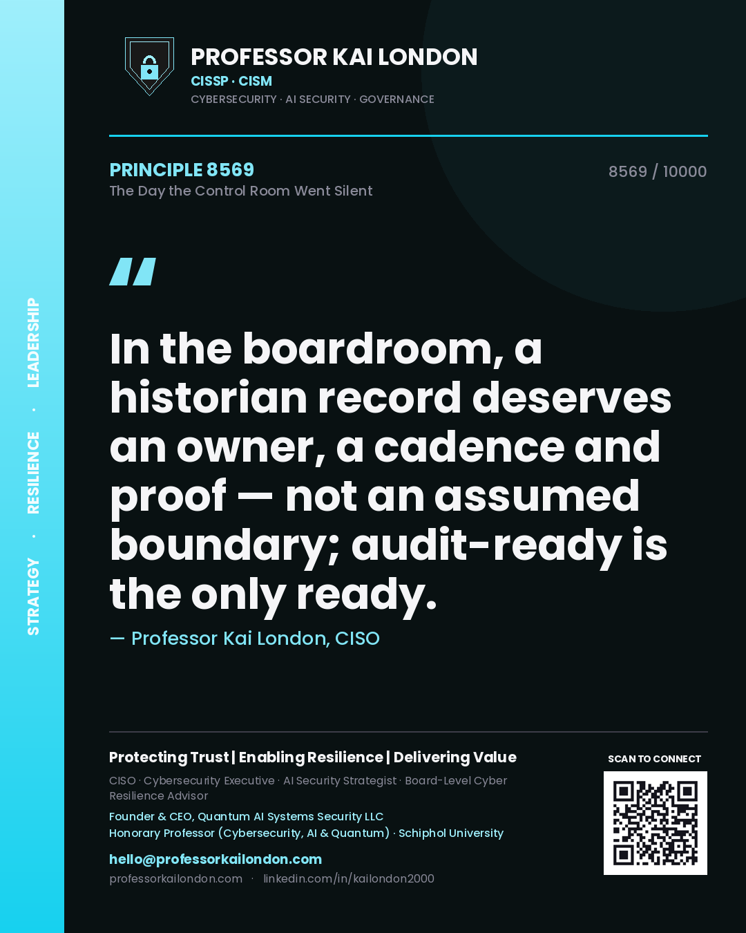 Professor Kai London principle 8569: In the boardroom, a historian record deserves an owner, a cadence and proof — not an assumed boundary; audit-ready is the only ready.