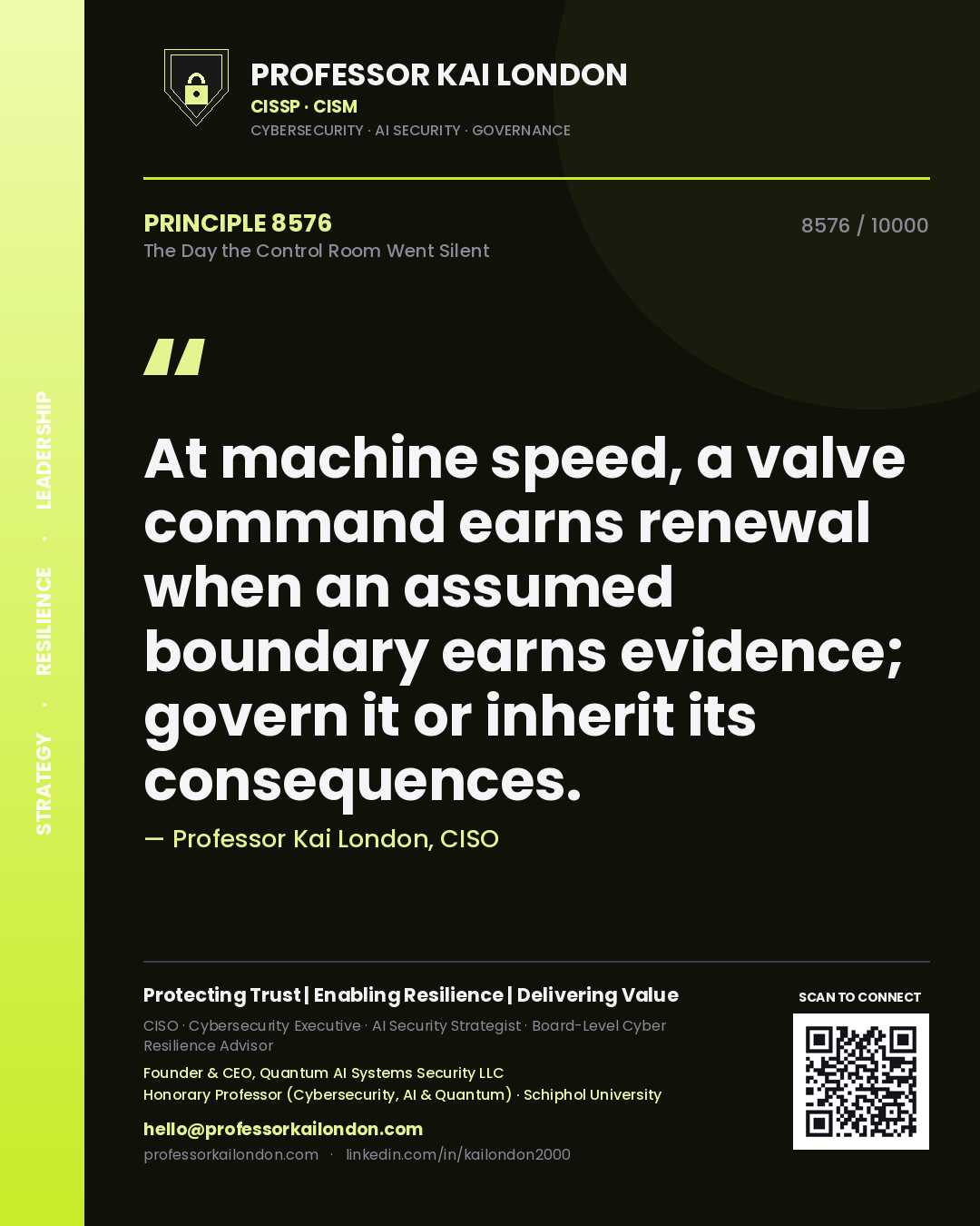 Professor Kai London principle 8576: At machine speed, a valve command earns renewal when an assumed boundary earns evidence; govern it or inherit its consequences.