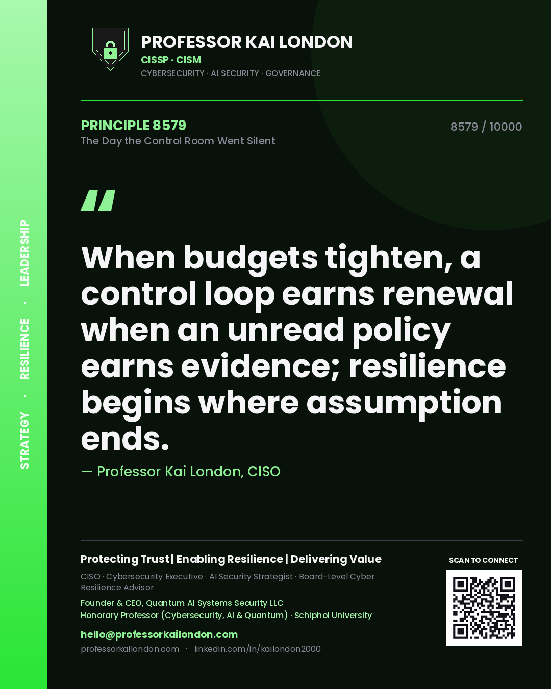 Professor Kai London principle 8579: When budgets tighten, a control loop earns renewal when an unread policy earns evidence; resilience begins where assumption ends.