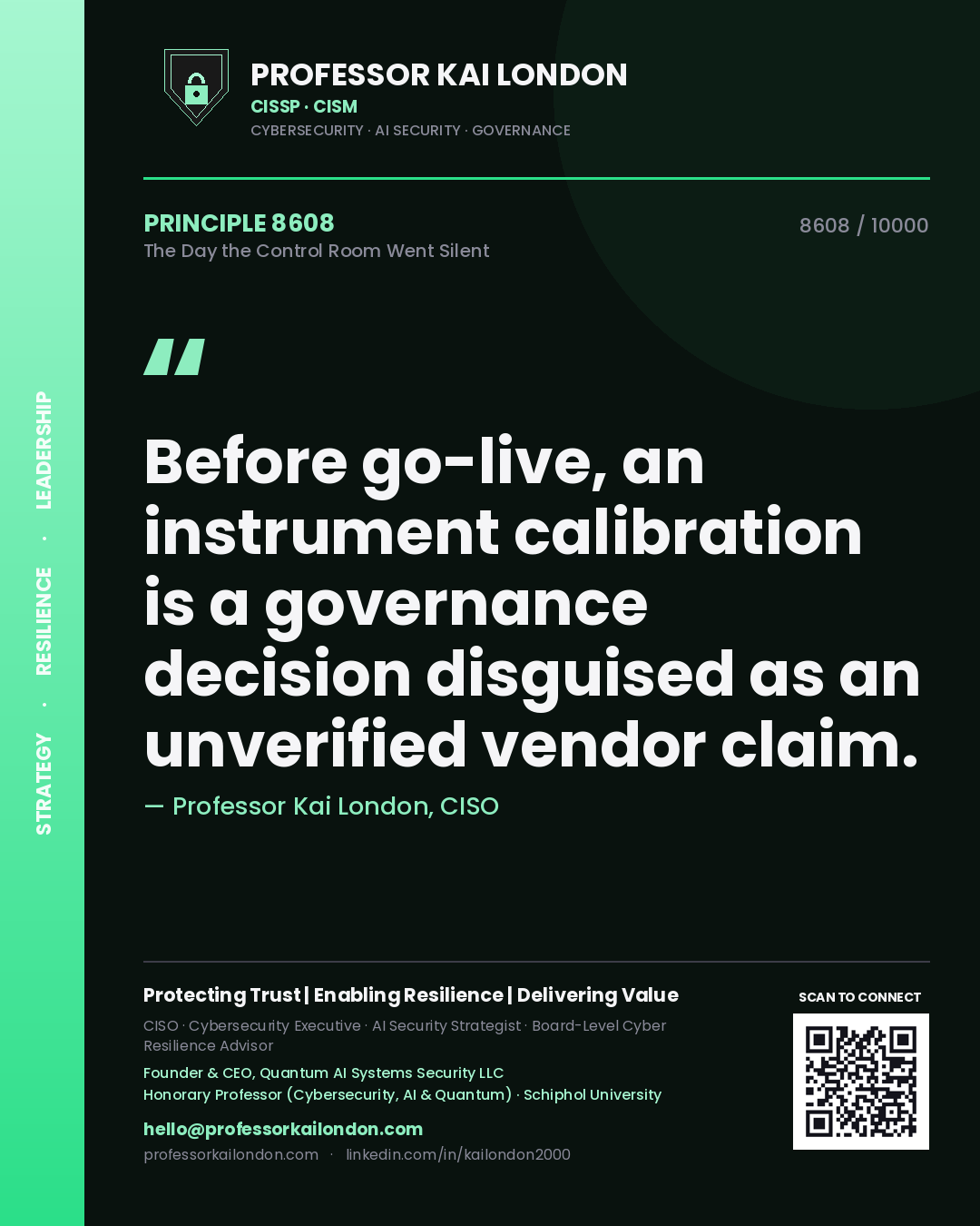 Professor Kai London principle 8608: Before go-live, an instrument calibration is a governance decision disguised as an unverified vendor claim.