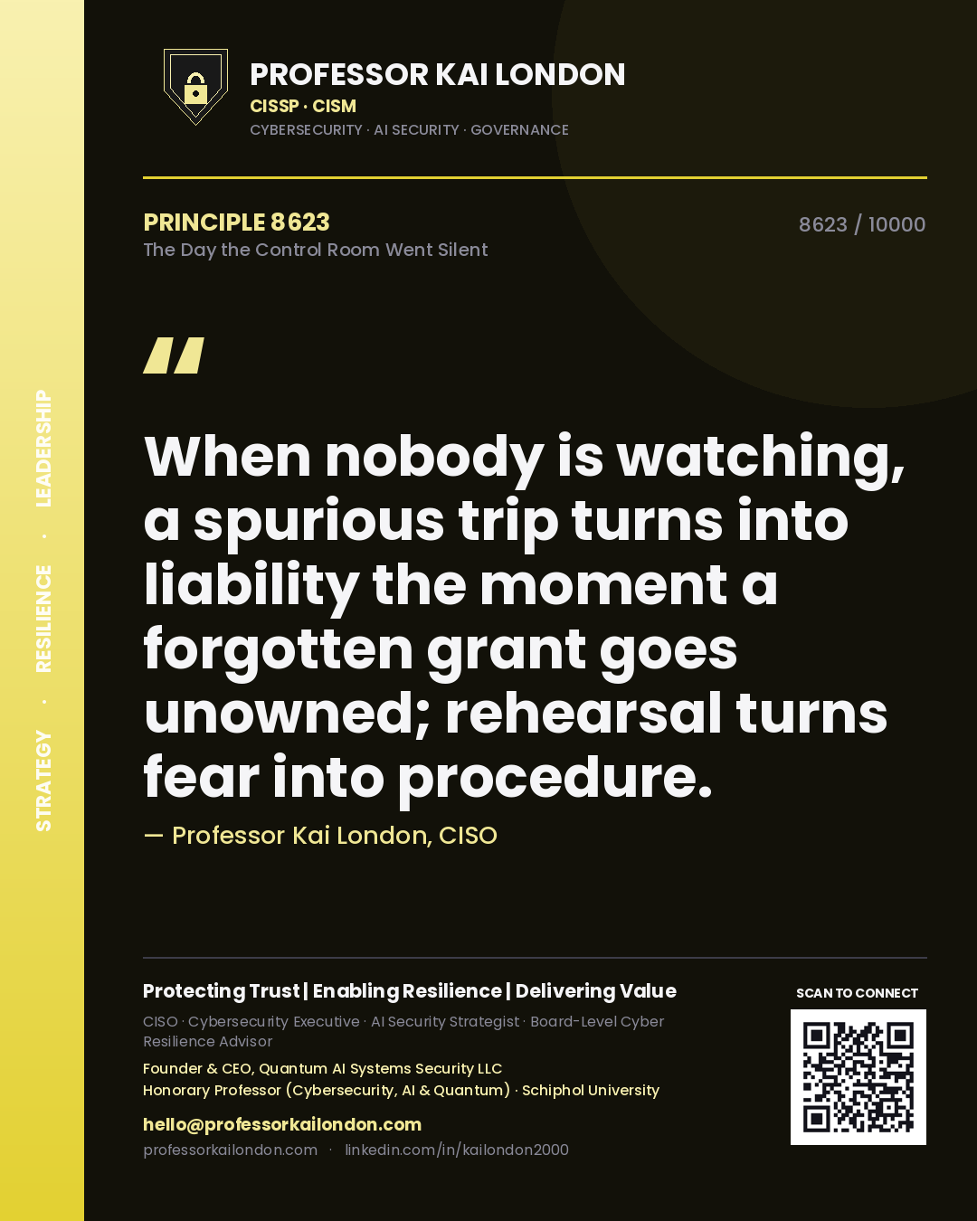 Quote card by Professor Kai London reading 'When nobody is watching, a spurious trip turns into liability the moment a forgotten grant goes unowned; rehearsal turns fear into procedure.'. From the book The Day the Control Room Went Silent.