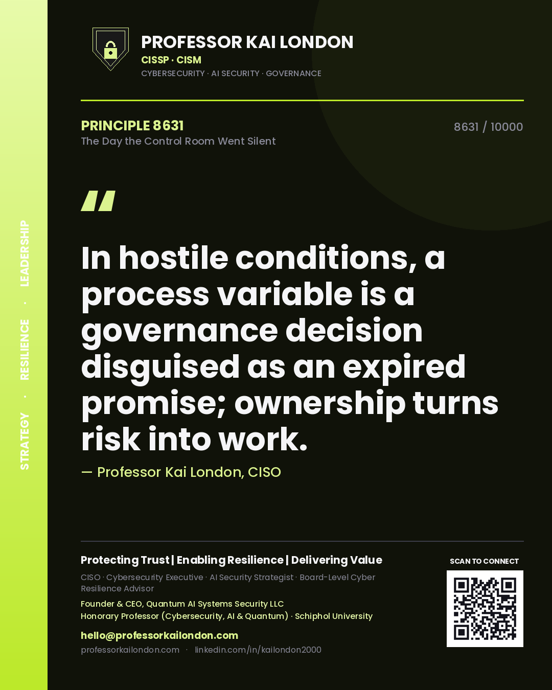 Professor Kai London principle 8631: In hostile conditions, a process variable is a governance decision disguised as an expired promise; ownership turns risk into work.
