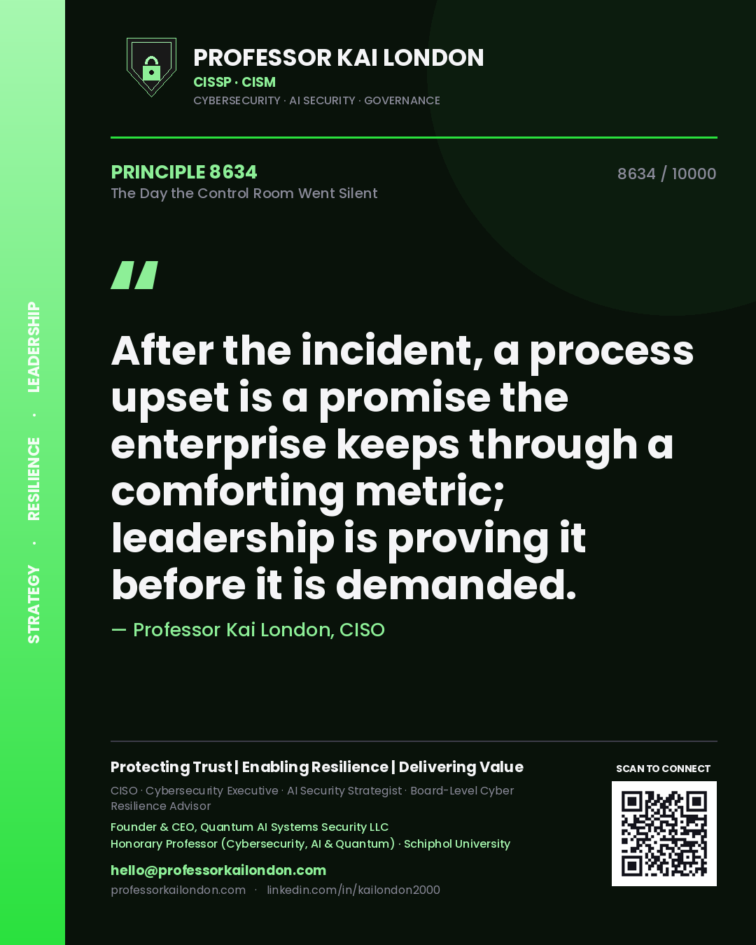Quote card by Professor Kai London reading 'After the incident, a process upset is a promise the enterprise keeps through a comforting metric; leadership is proving it before it is demanded.'. From the book The Day the Control Room Went Silent.