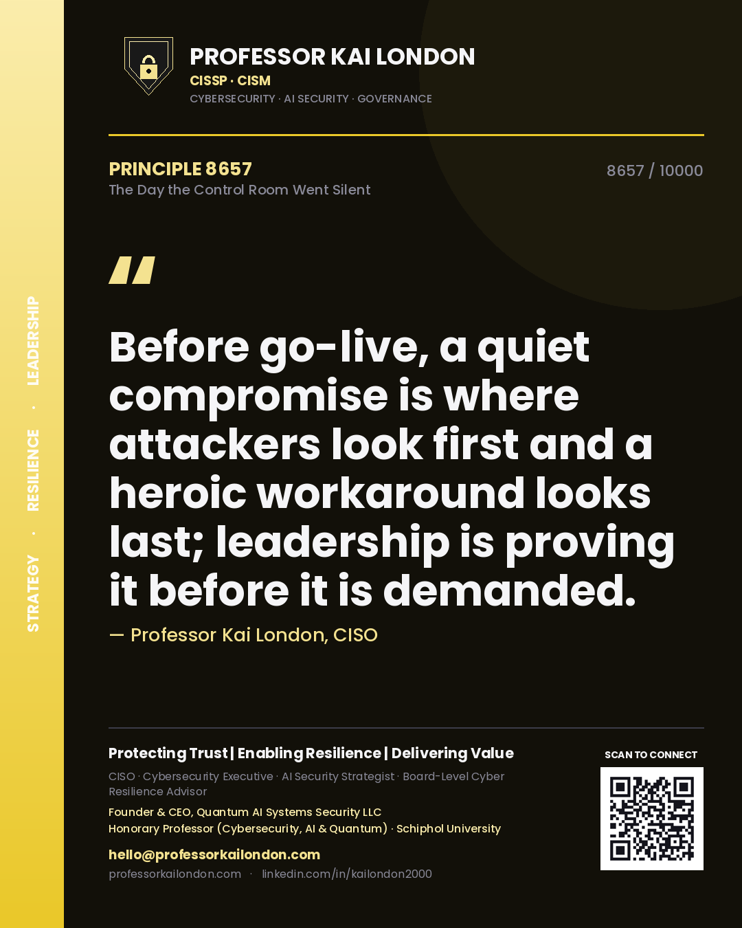 Professor Kai London principle 8657: Before go-live, a quiet compromise is where attackers look first and a heroic workaround looks last; leadership is proving it before it is demanded.