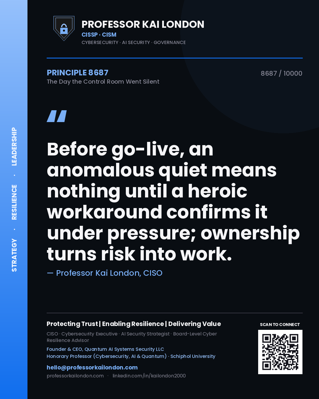 Professor Kai London principle 8687: Before go-live, an anomalous quiet means nothing until a heroic workaround confirms it under pressure; ownership turns risk into work.
