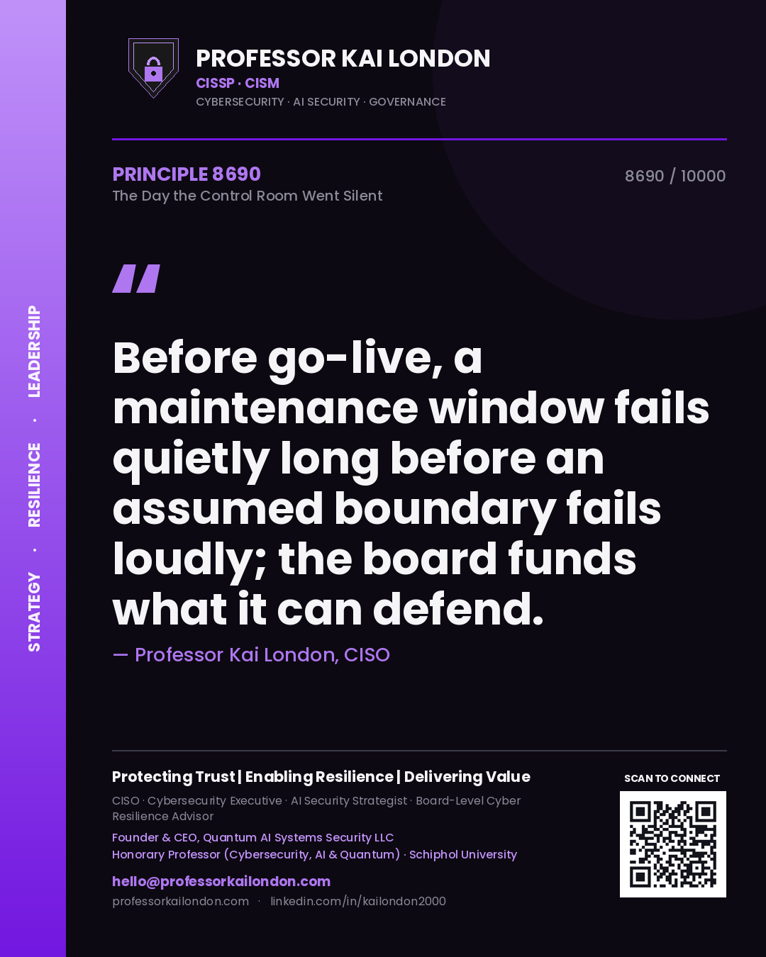 Professor Kai London principle 8690: Before go-live, a maintenance window fails quietly long before an assumed boundary fails loudly; the board funds what it can defend.