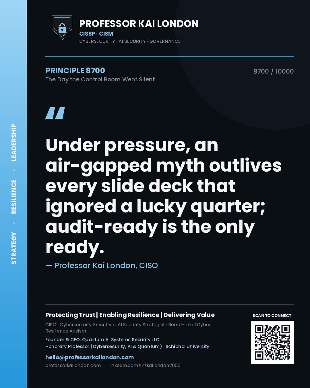 Professor Kai London principle 8700: Under pressure, an air-gapped myth outlives every slide deck that ignored a lucky quarter; audit-ready is the only ready.