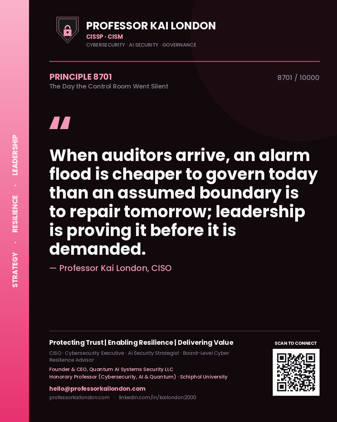 Professor Kai London principle 8701: When auditors arrive, an alarm flood is cheaper to govern today than an assumed boundary is to repair tomorrow; leadership is proving it before it is demanded.