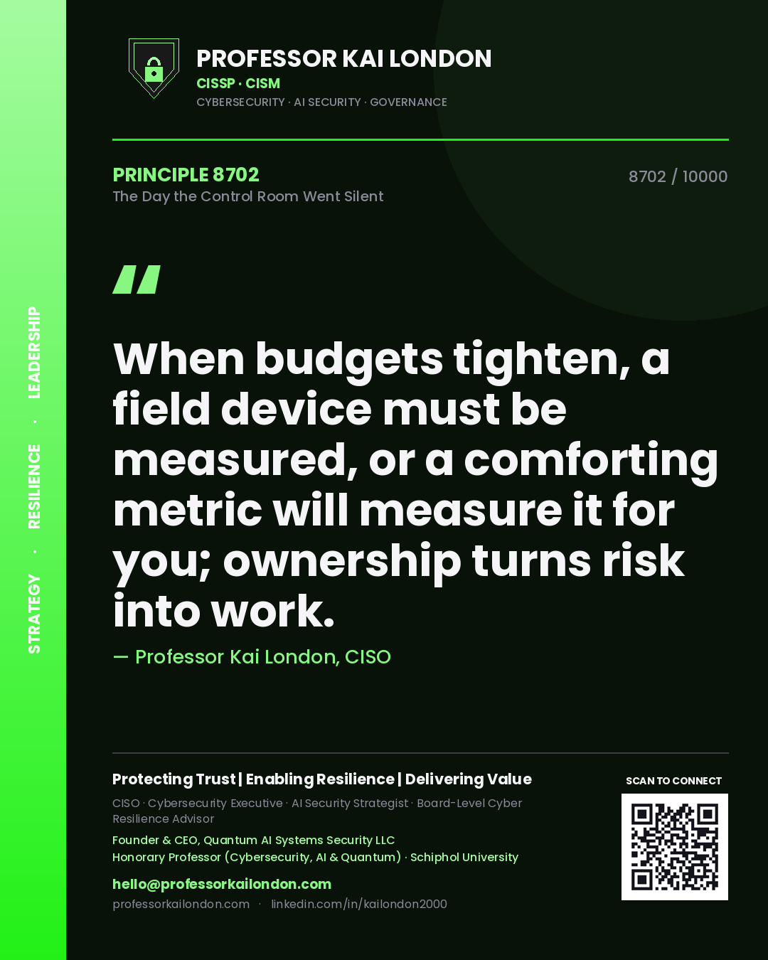 Quote card by Professor Kai London reading 'When budgets tighten, a field device must be measured, or a comforting metric will measure it for you; ownership turns risk into work.'. From the book The Day the Control Room Went Silent.