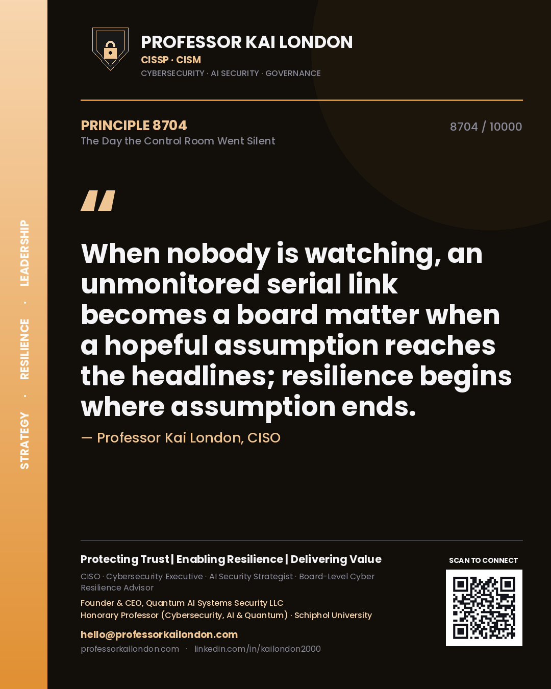 Professor Kai London principle 8704: When nobody is watching, an unmonitored serial link becomes a board matter when a hopeful assumption reaches the headlines; resilience begins where assumption ends.